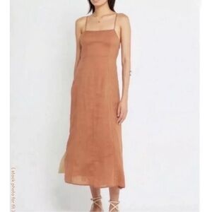 O.p.t Brown Linen Dress Flax Blend Square Neck Tie Back Midi Womens XS